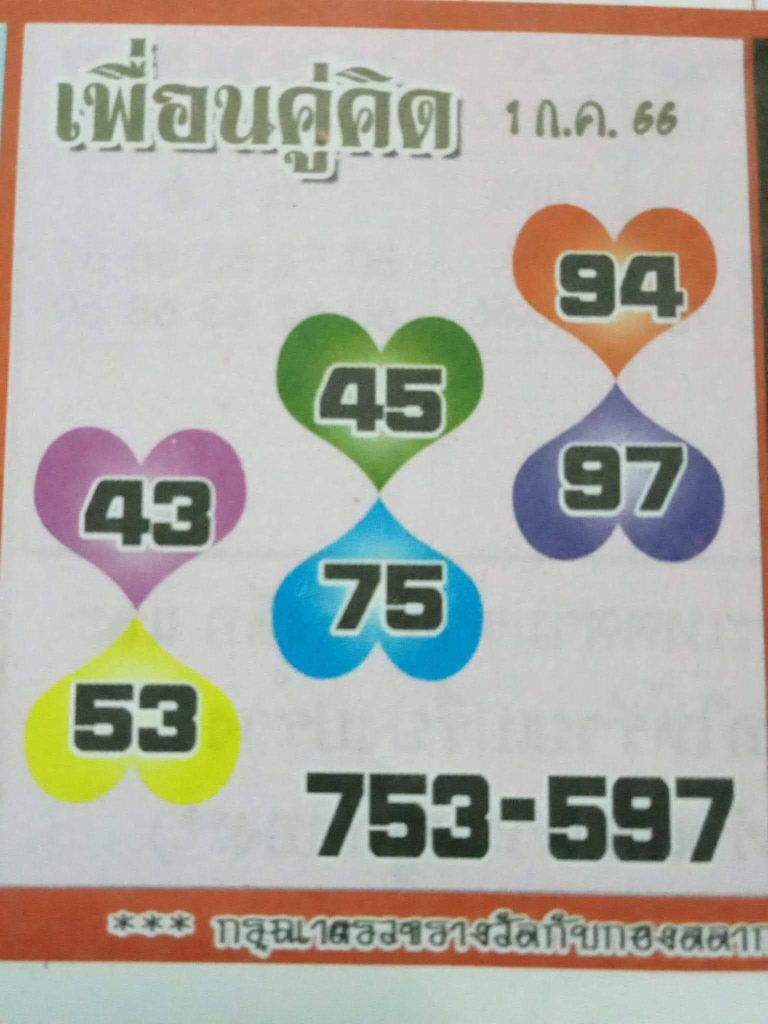 เลขเด่นหวยเพื่อนคู่คิด 1-7-66