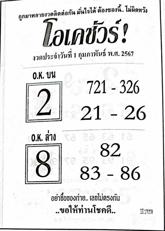 หวยไทย โอเคชัวร์ 1/2/67